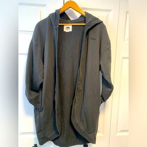 Roots Sweater, long, with hood and pockets, charcoal grey colour small